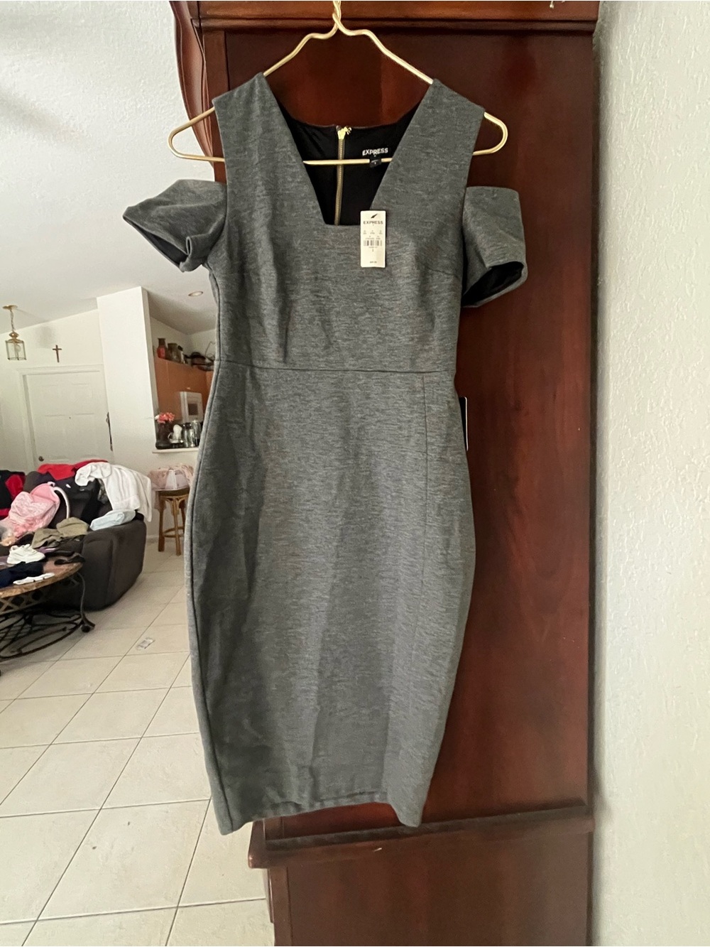 Express Gray Cold-Shoulder Midi Sheath Dress